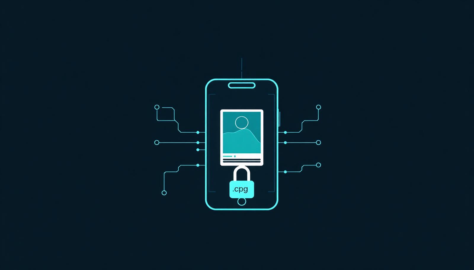 Blueprint diagram of a smartphone encrypting a photo into a locked .cpg file