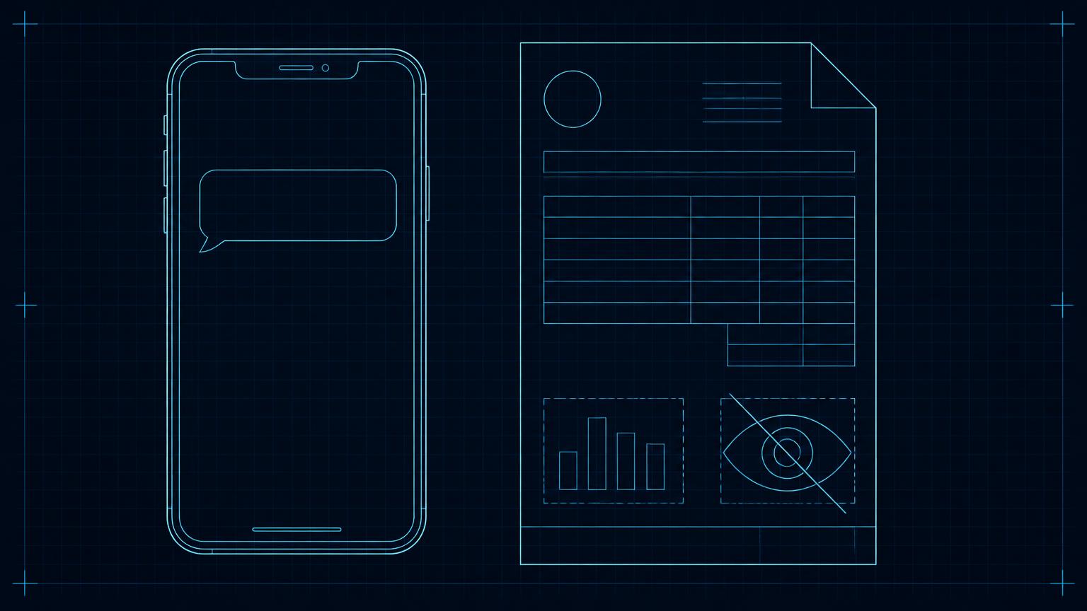 Blueprint diagram of a phone message bubble beside a phone bill with a crossed-out eye