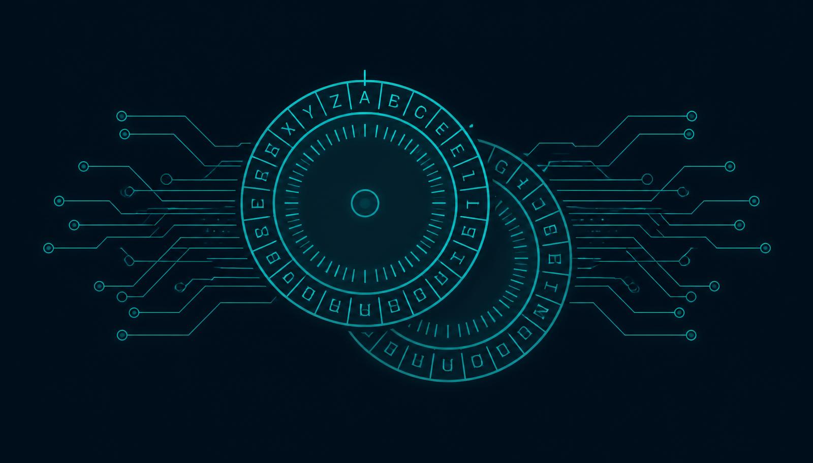 Blueprint schematic of offset alphabet wheels forming a rotating cipher keystream