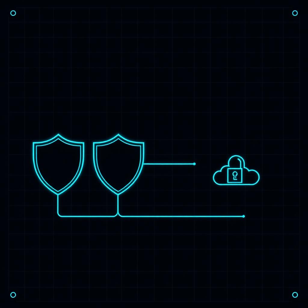 Blueprint diagram of smartphones with shield and lock icons, one device detached from the cloud