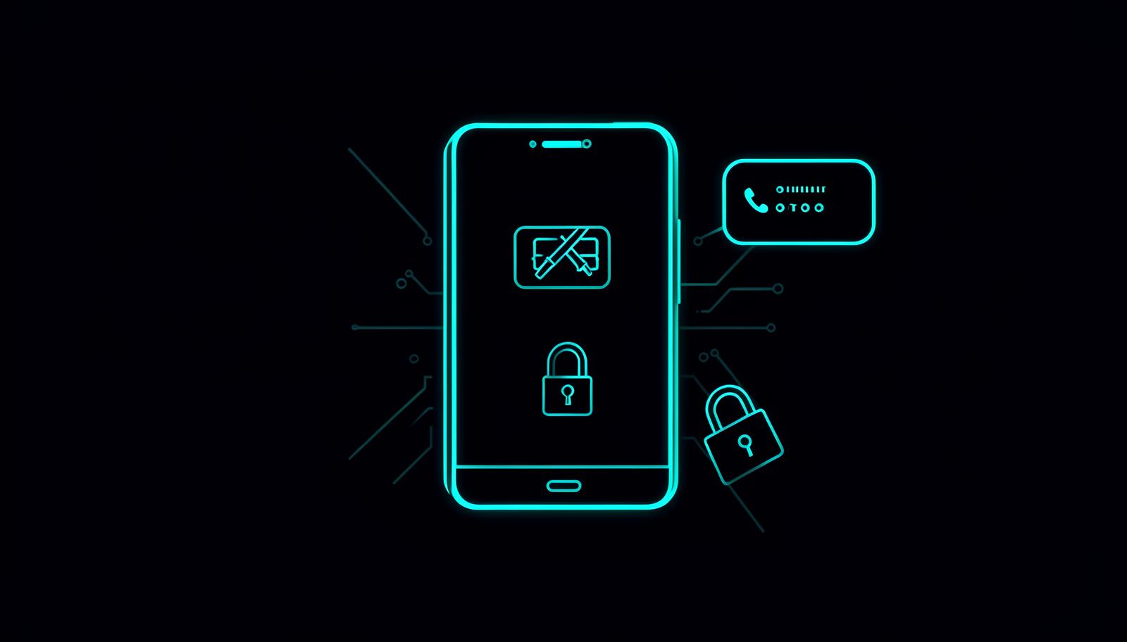 Blueprint diagram of a smartphone with a crossed-out SIM card, padlock, and message bubble